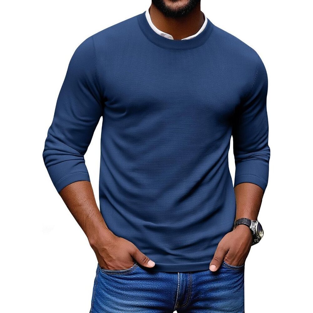 Coofandy Men Blue Crew Neck Pullover Long Sleeve Lightweight Dress Sweater
